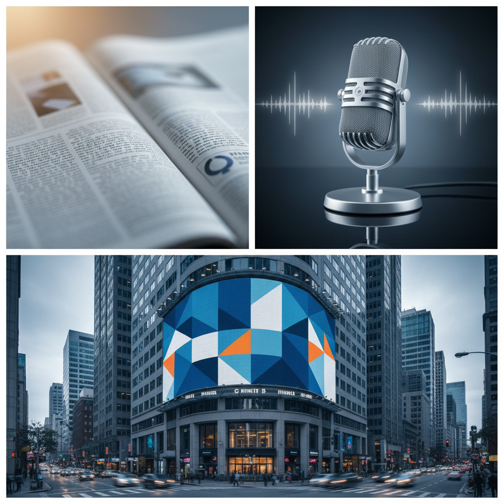 Collage of advertising mediums: a newspaper, a large outdoor billboard on a city street, and a radio microphone, sleek photorealistic style