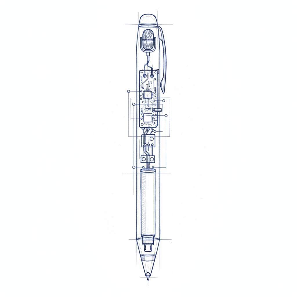 technical pencil sketch of a smart digital pen, schematic view showing internal microphone and sensor components, blueprint style, detailed line art, white background