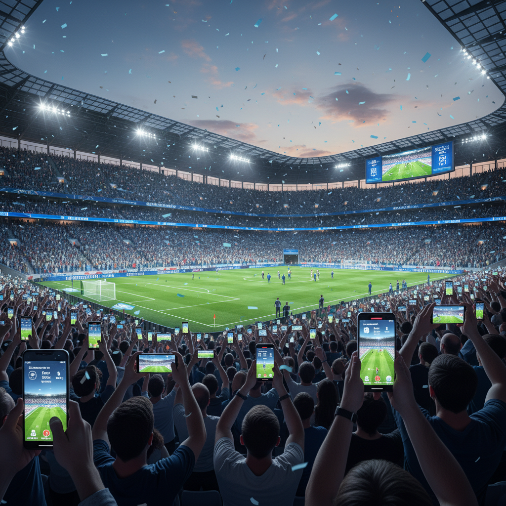crowd of soccer fans in a stadium holding up smartphones, digital engagement in sports