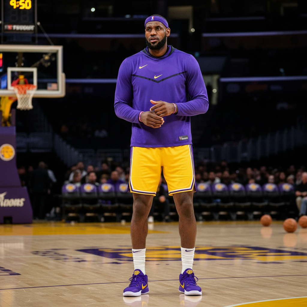 LeBron James in warm-ups with a headband, looking focused on the court