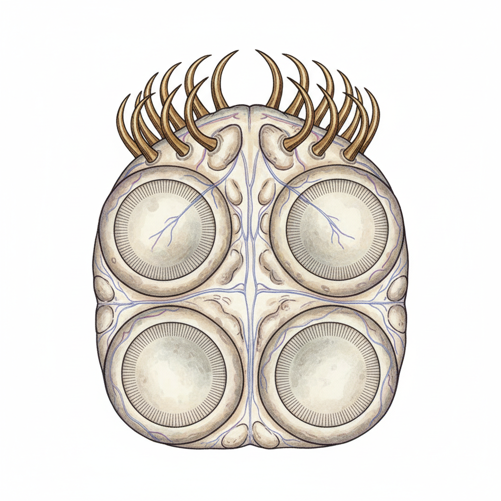 Microscopic detailed illustration of Hymenolepis nana scolex with hooks and suckers, medical textbook style, white background