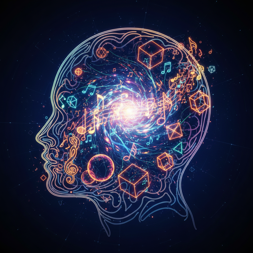 Abstract representation of a human mind with musical notes and geometric shapes, neon outlines