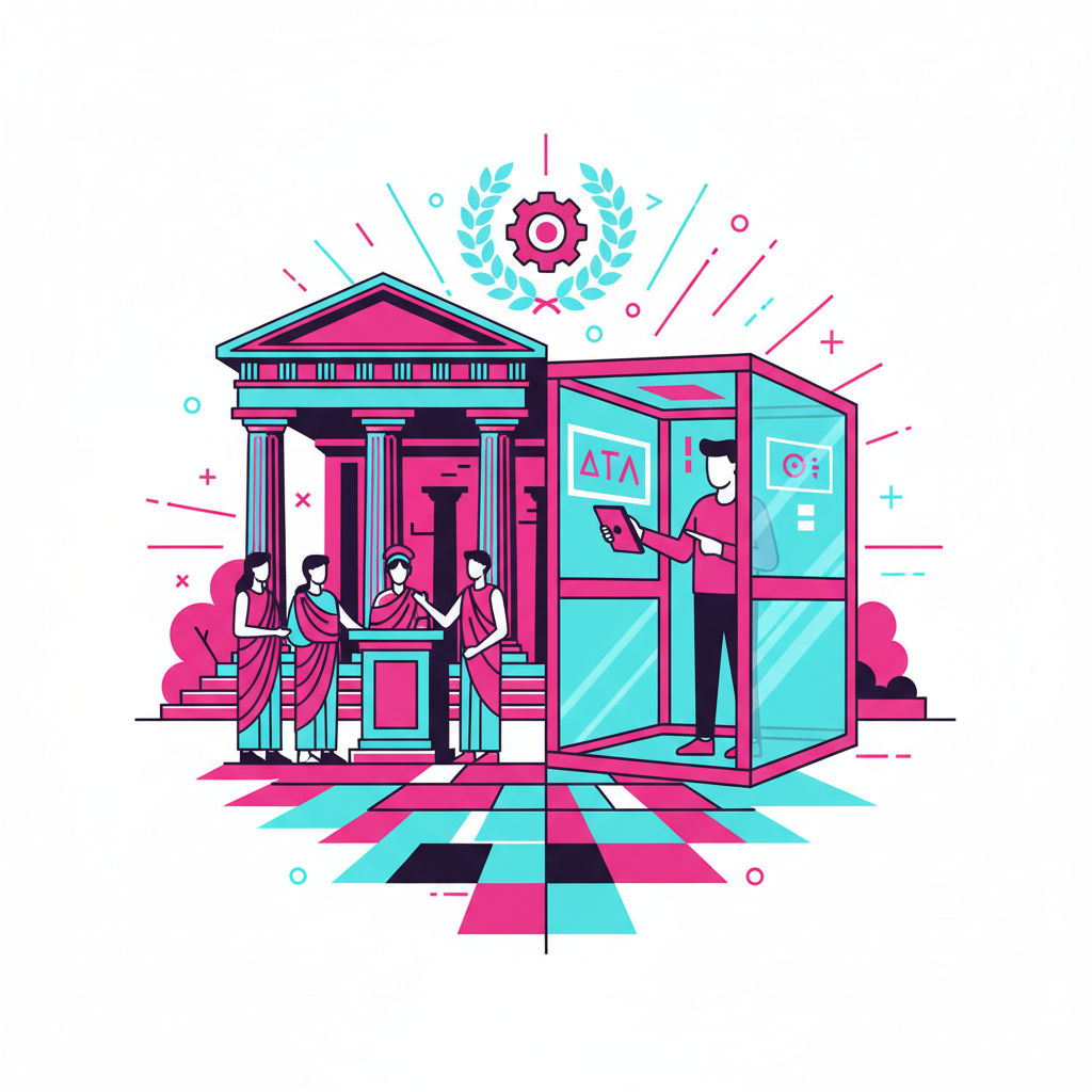 Stylized graphic illustration of the Ancient Greek Agora merging with a modern voting booth, vibrant colors, flat vector art, high contrast cyan and magenta