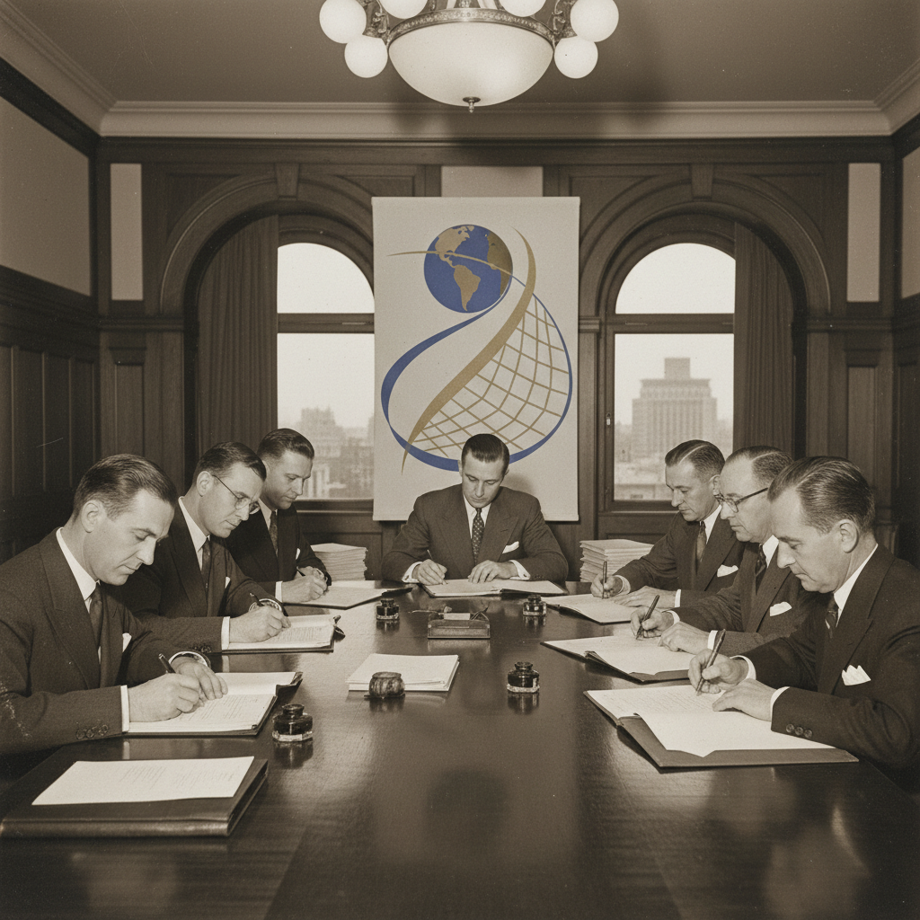 Meeting of sports delegates in 1947, signing documents, vintage style, formal suits, flag of FIVB in background conceptual