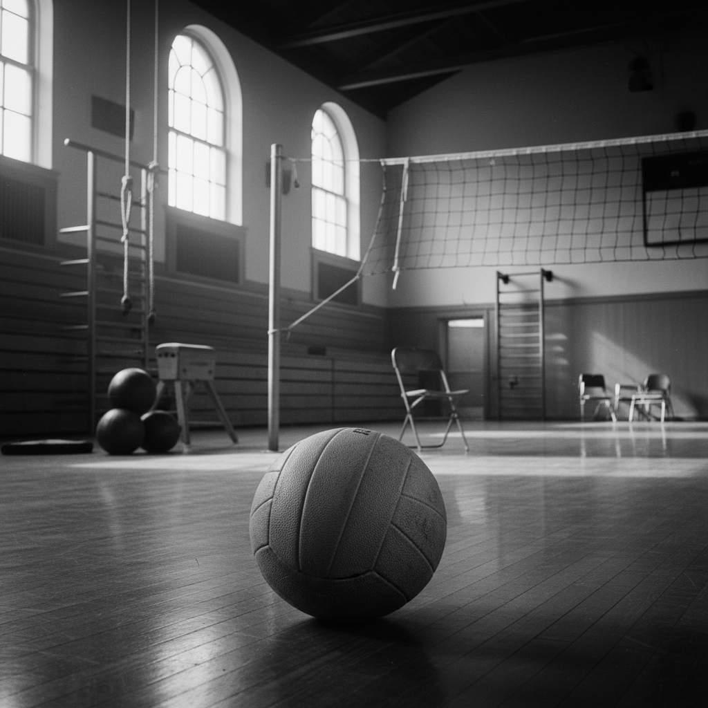 Old vintage volleyball, black and white style, 1950s gymnasium setting, retro sports equipment