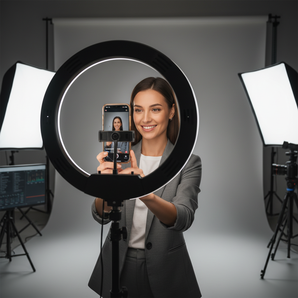 Person using ring light and phone to record content for social media, professional studio setting