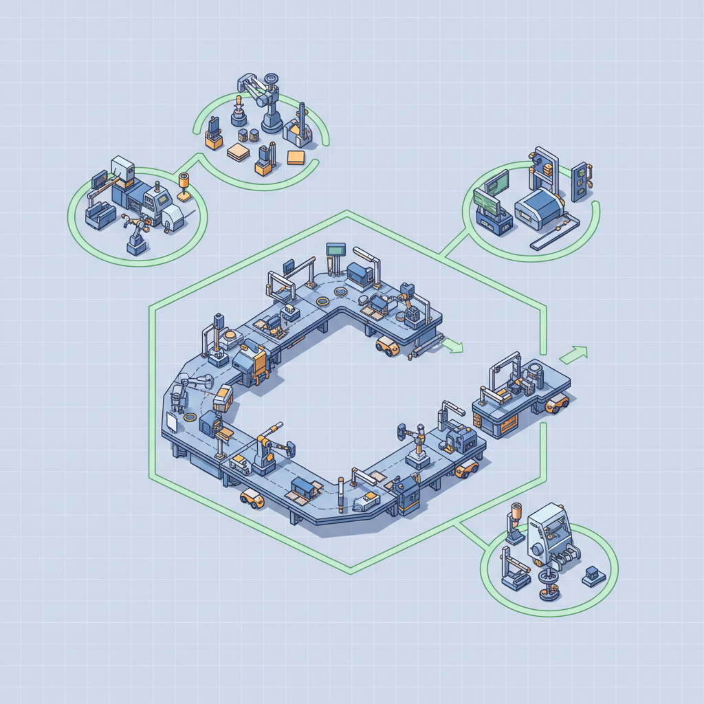Diagram style illustration of cellular manufacturing layout, u-shaped assembly line, overhead view, clean isometric style