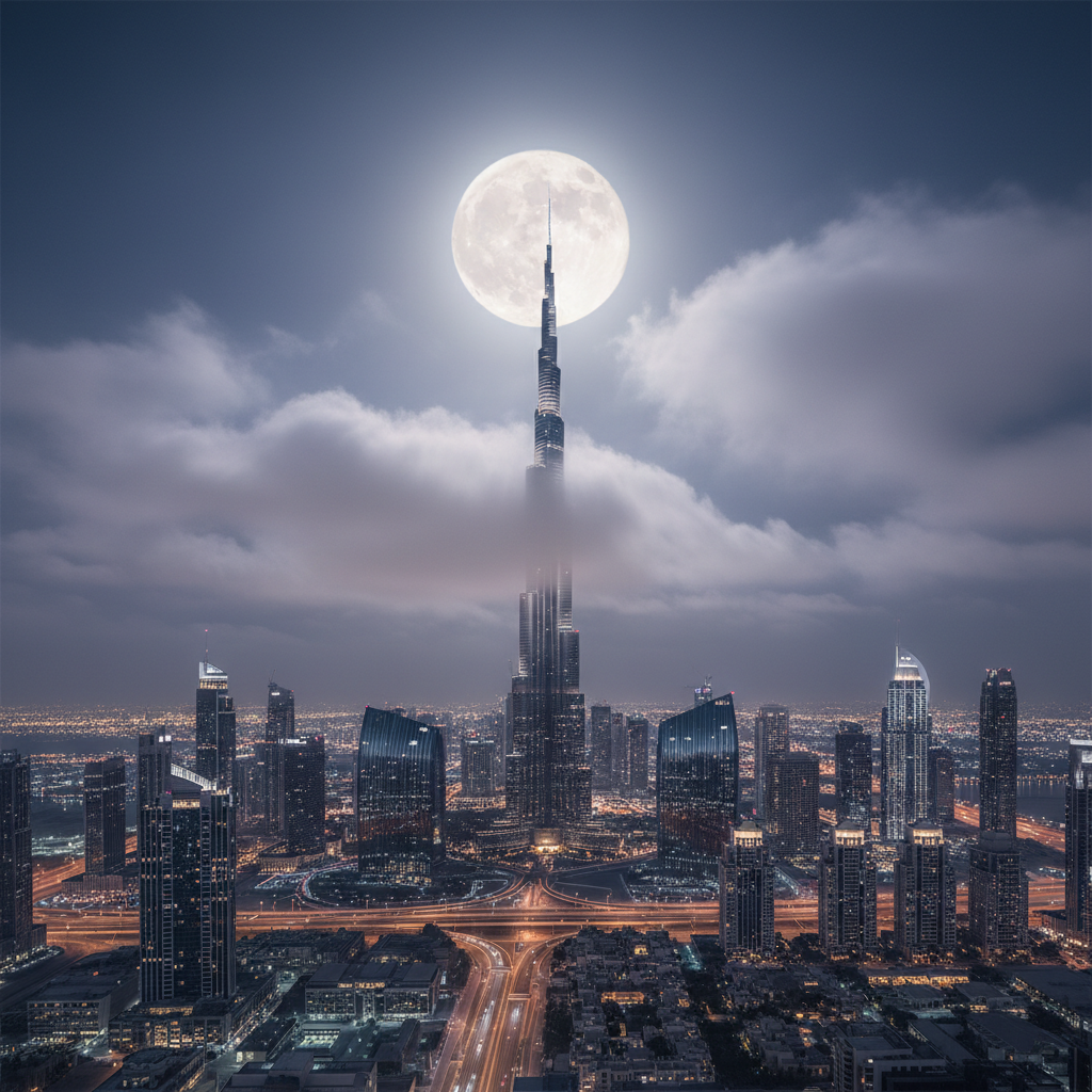 An artistic shot of the Dubai Skyline at night with a large, glowing full moon and soft clouds, including Burton Khalifa, representing the connection between earth and sky, serene and majestic