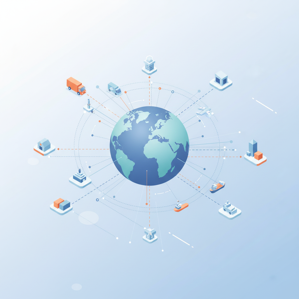 Conceptual illustration of a global distribution network, map connectivity, supply chain logistics, clean isometric minimalist style