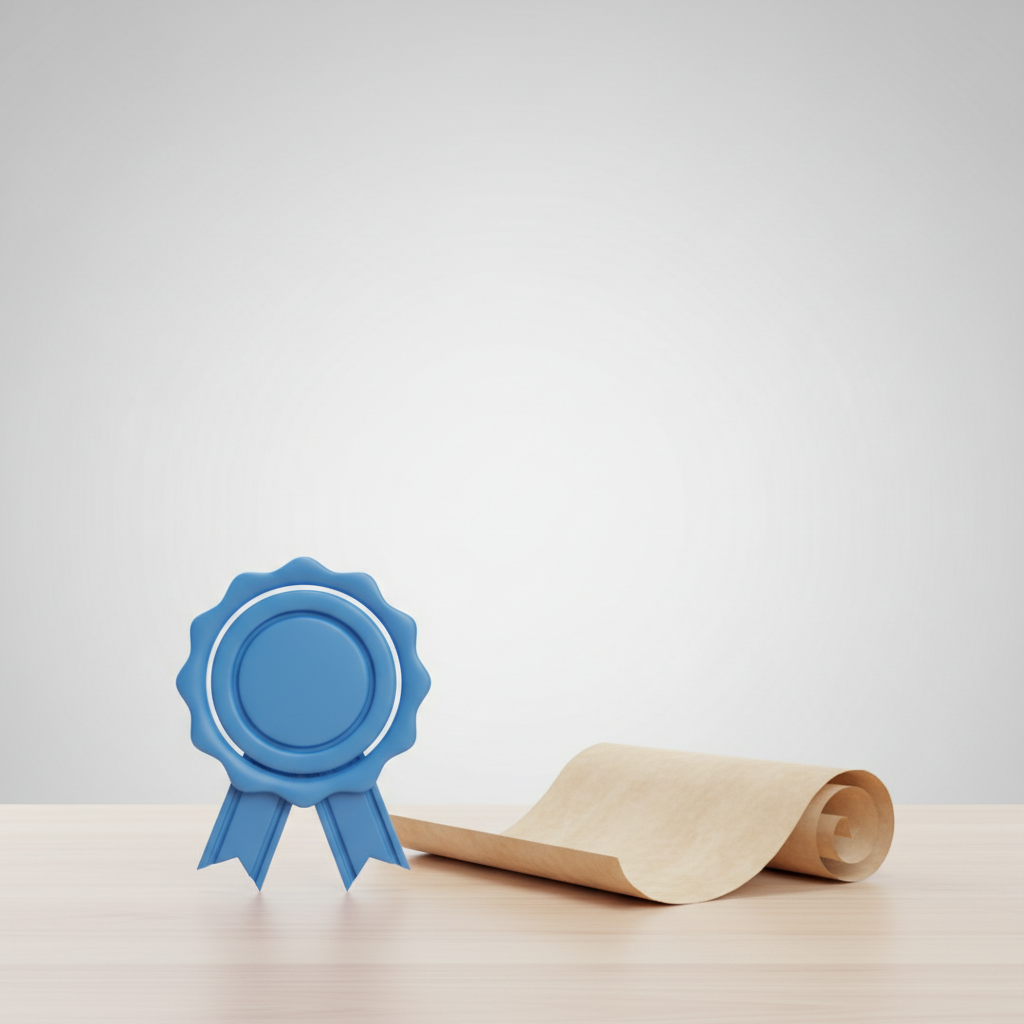 Clean minimalist 3D rendering of a blue quality assurance seal and a certificate scroll on a wooden desk, soft lighting, white and gray background