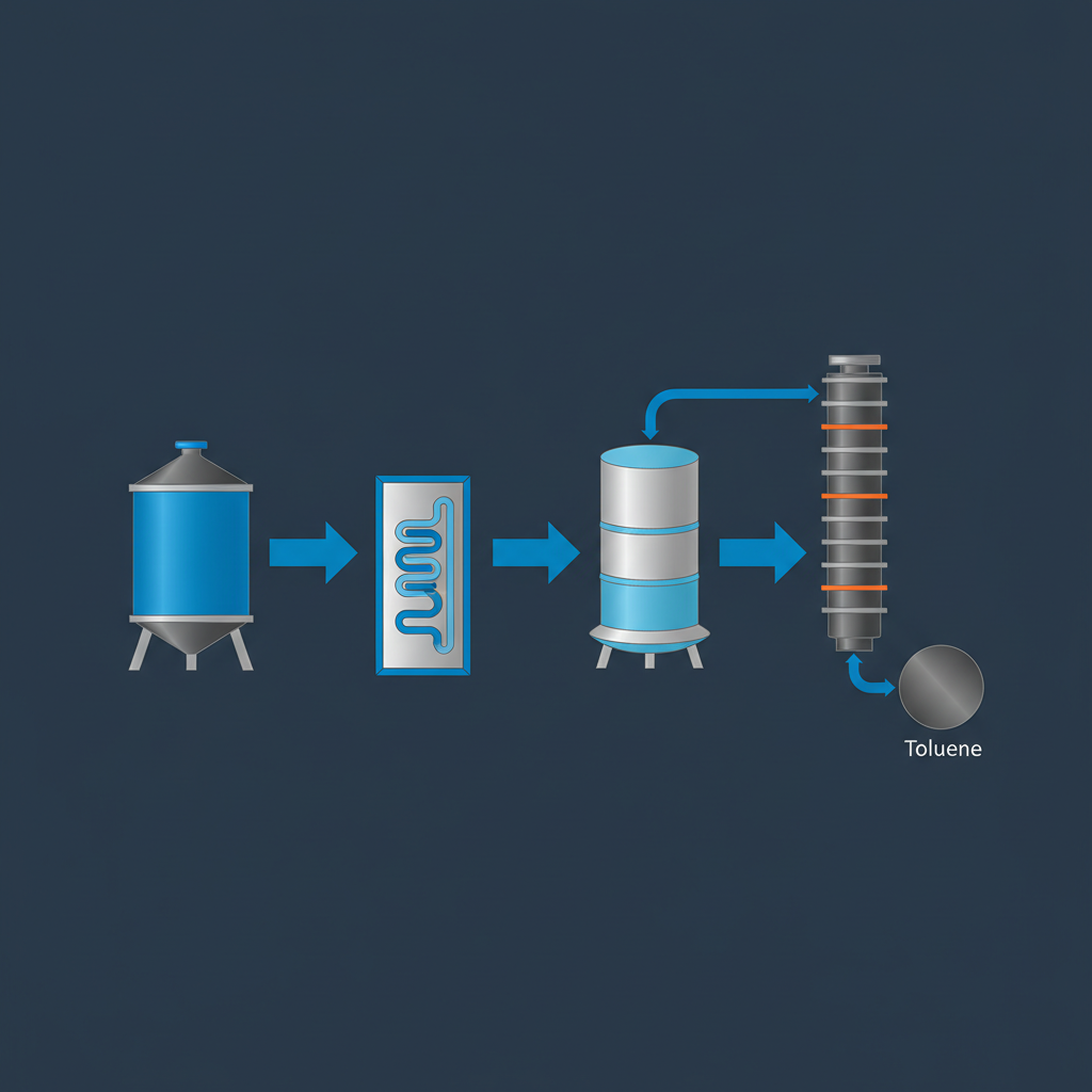 Industrial process flow diagram, vector style, dark background. Showing: Reactor connected to a Cooler, then to a Gas-Liquid Separator, then to a Distillation Column. Arrows indicating flow. Labels 'Reactor', 'Separator', 'Toluene'.