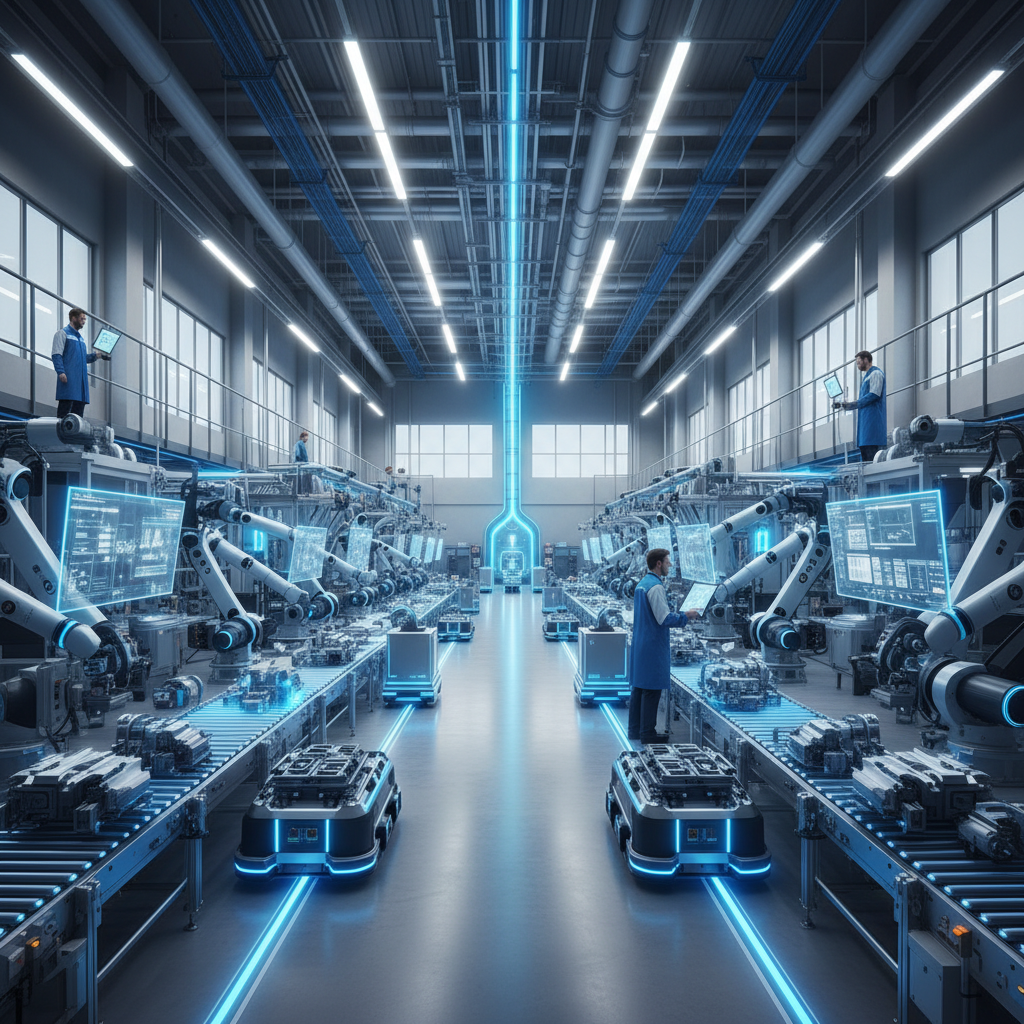 Modern industrial manufacturing facility interior with high tech machinery and engineers, clean and organized, blue and white color toning