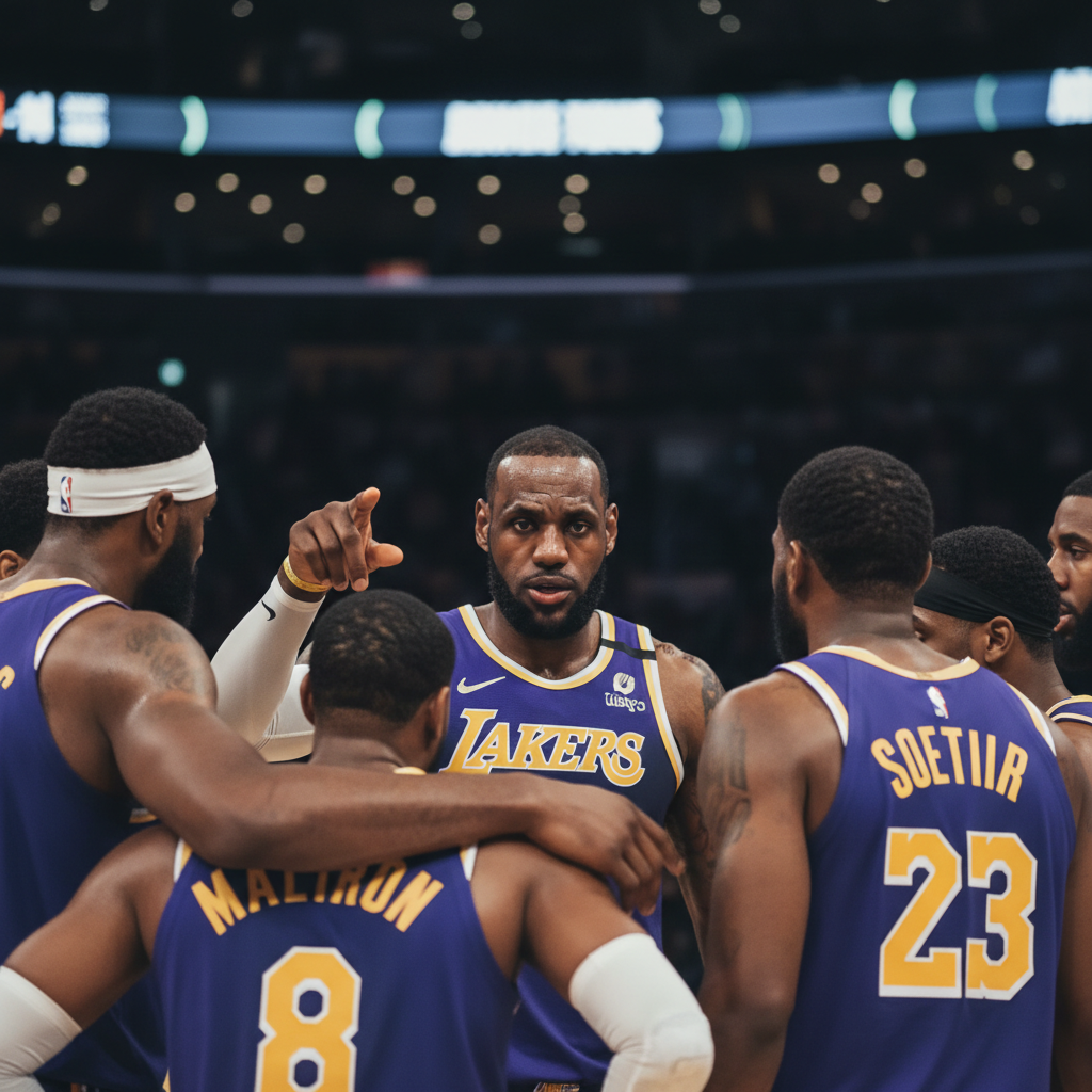 LeBron James pointing toward teammates during a huddle, leadership moment