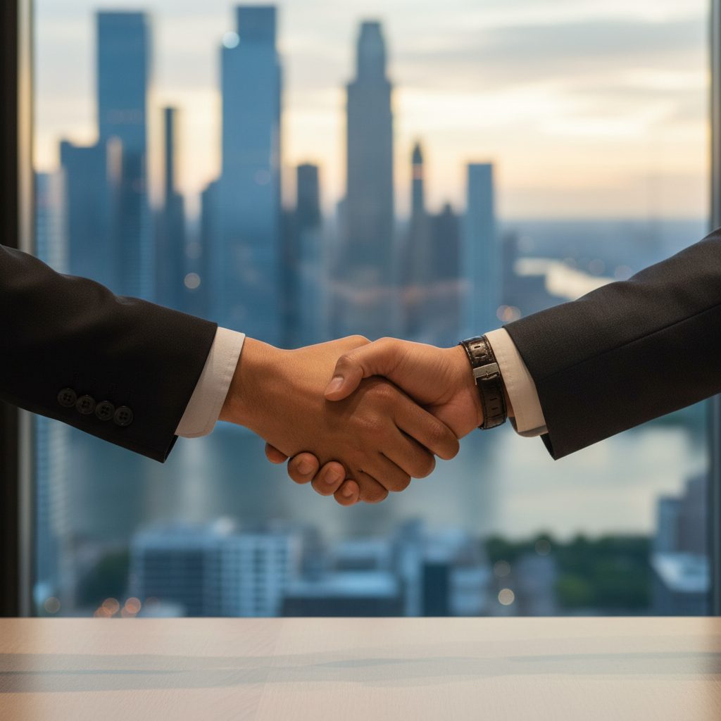 A handshake close-up with a blurred professional city background, symbolizing a closed deal and successful partnership