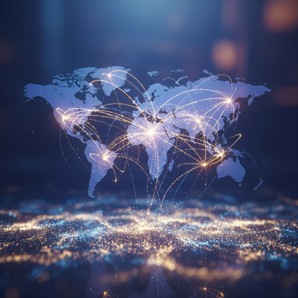 abstract concept of business growth glowing nodes connecting global map investment finance 3d render