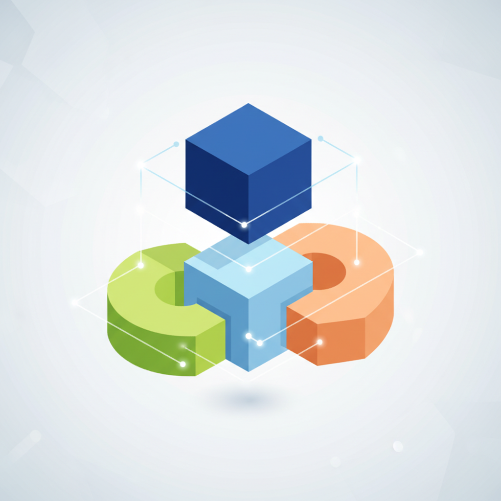 Abstract isometric 3D diagram showing four interconnected distinct puzzle pieces labeled Strategy, Structure, Systems, and Support, clean corporate design