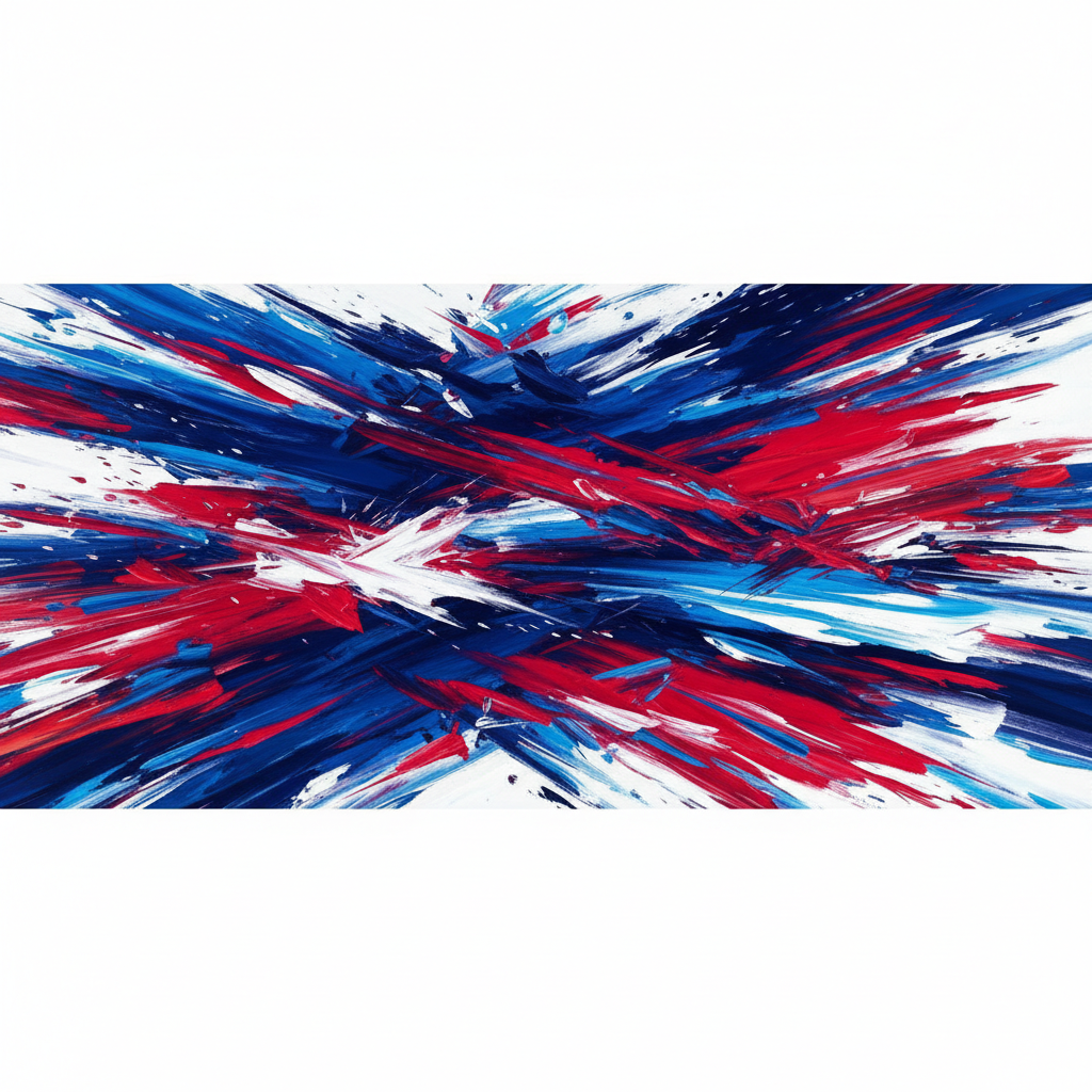 Abstract background with artistic brush strokes in blue, red and white, dynamic energy