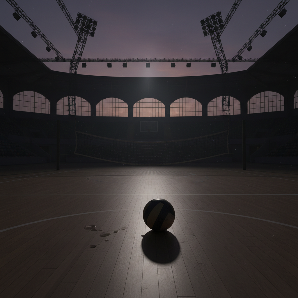 cinematic realistic photo of a volleyball resting on the court floor, empty stadium lights in background, dramatic ending atmosphere, high contrast