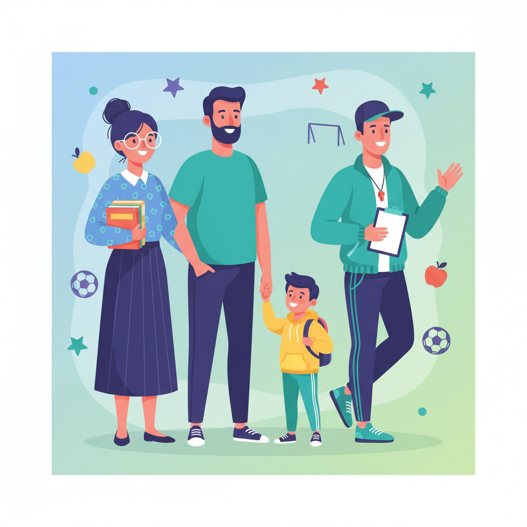 Cute illustration collage of a female teacher, a dad holding a child's hand, and a sports coach with a whistle, colorful flat vector style