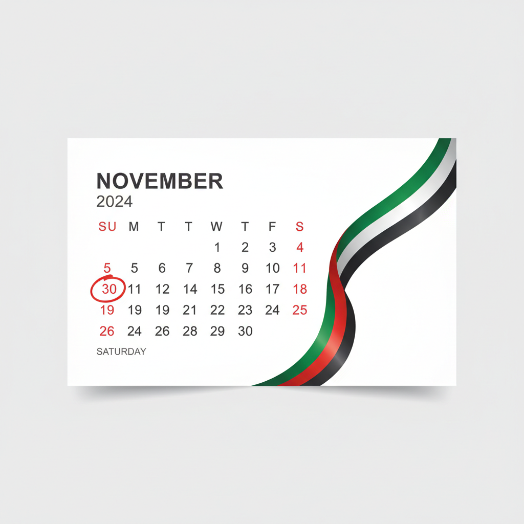 Calendar page showing November 30 circled in red, clean design, white background, UAE flag decoration
