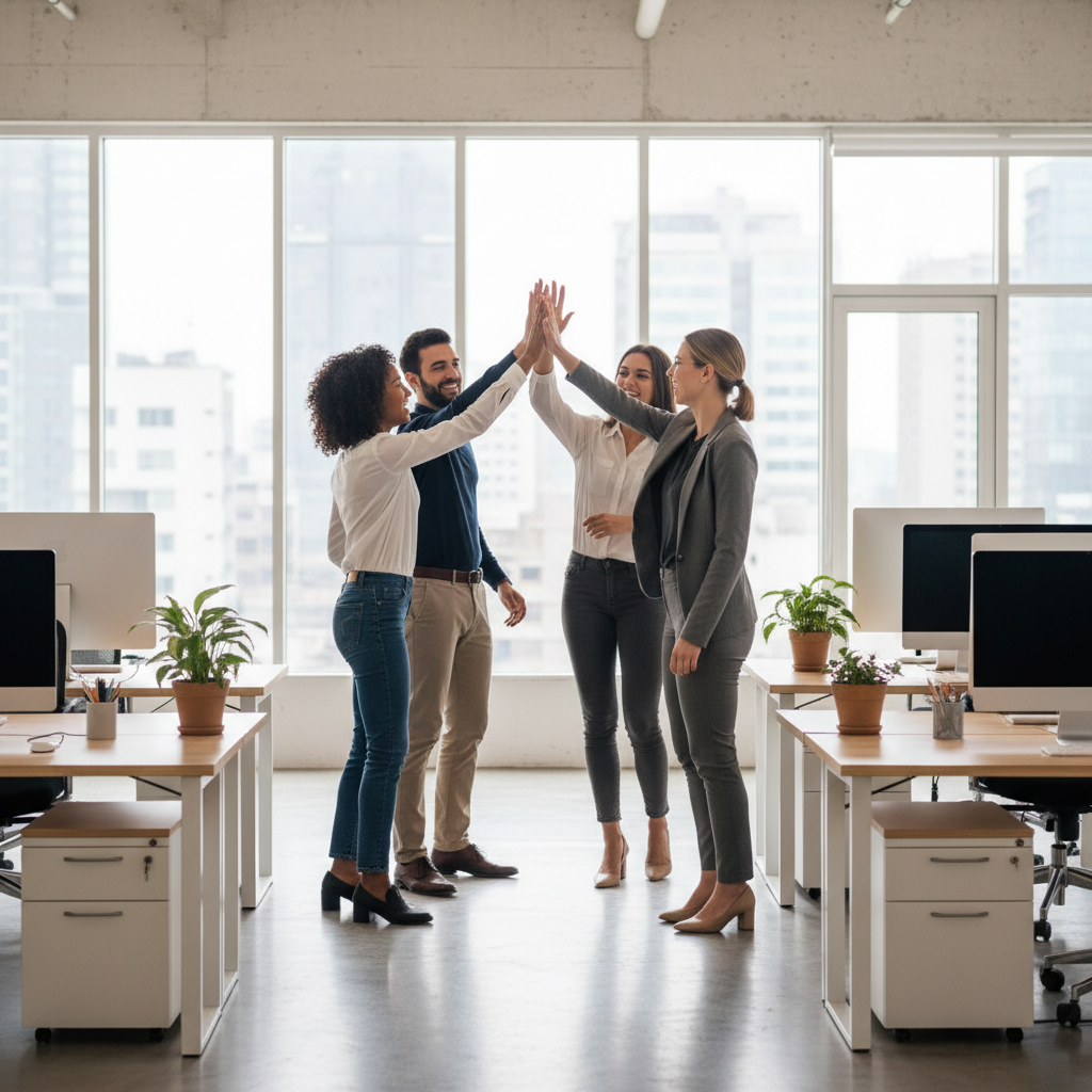 Cinematic shot of diverse office workers high-fiving and smiling in a modern open-plan office with glass walls, bright natural light, positive atmosphere