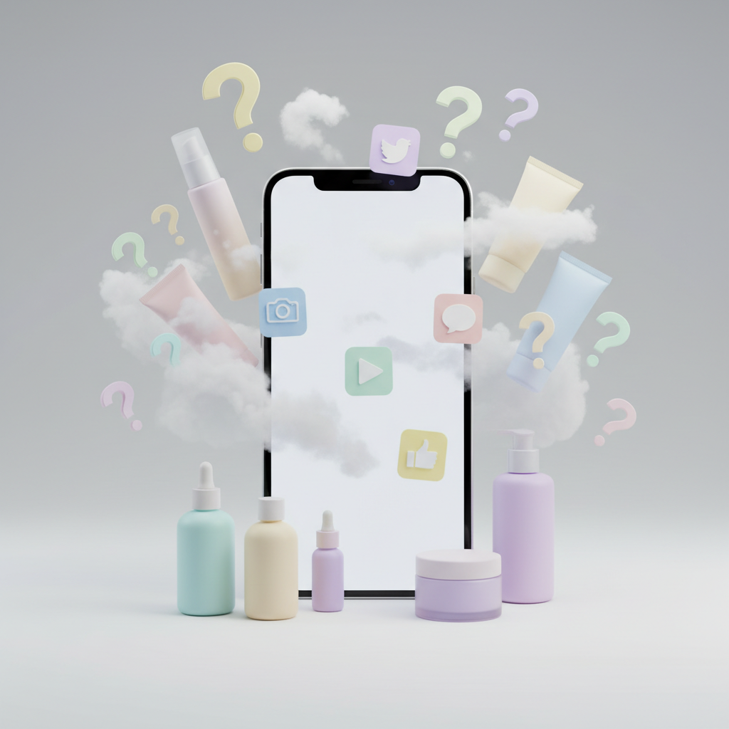 conceptual image of a smartphone displaying social media icons surrounded by confused question marks and skincare bottles, soft focus, pastel tones