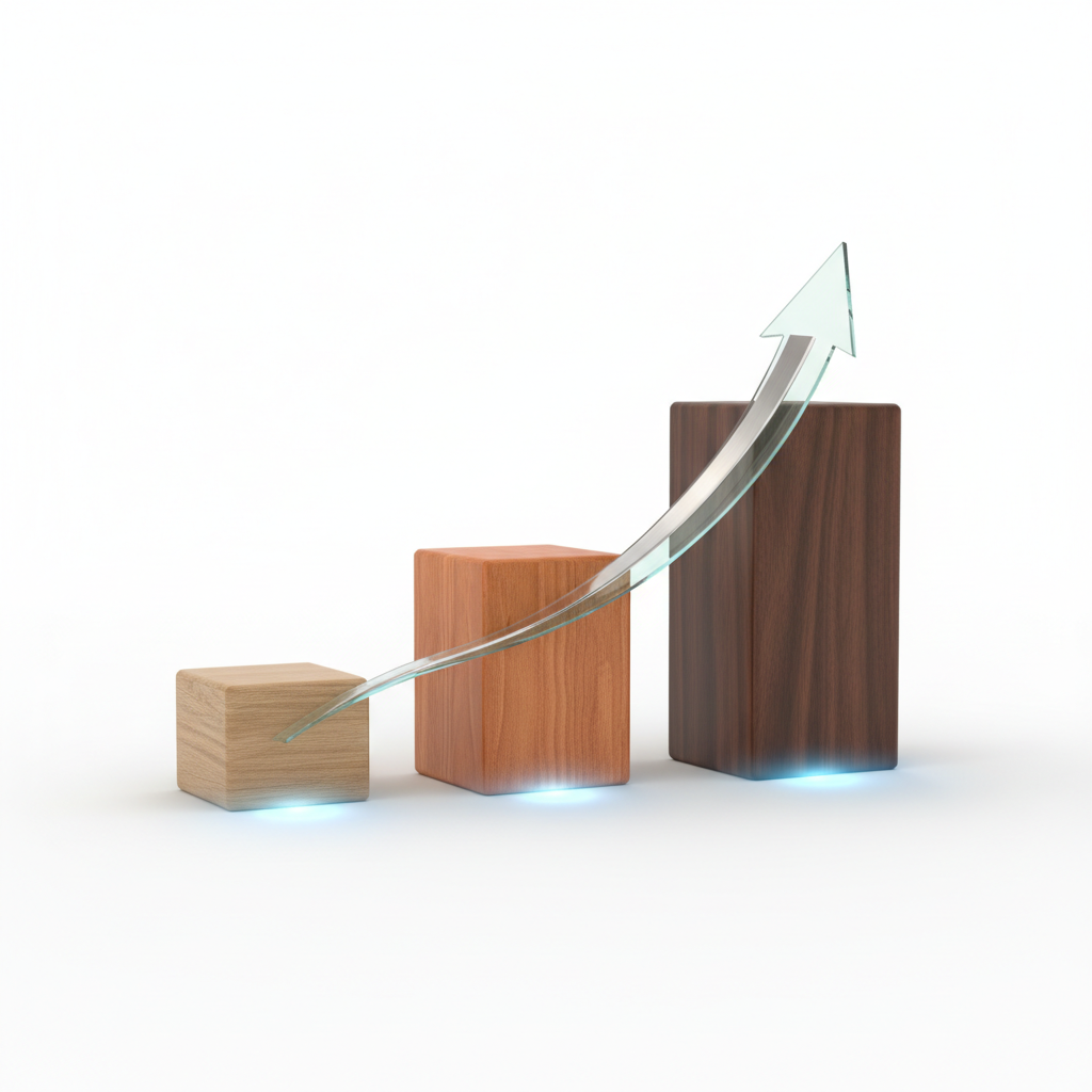 Abstract timeline concept, wooden blocks with dates 2001, 2011, 2021, growth concept, clean white background