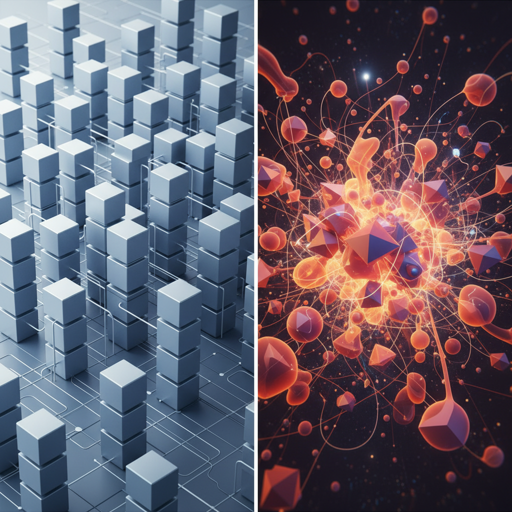 Split screen illustration: Left side showing perfectly stacked organized boxes (structured), Right side showing a dynamic interconnected web of different shapes (unstructured), 3d render style