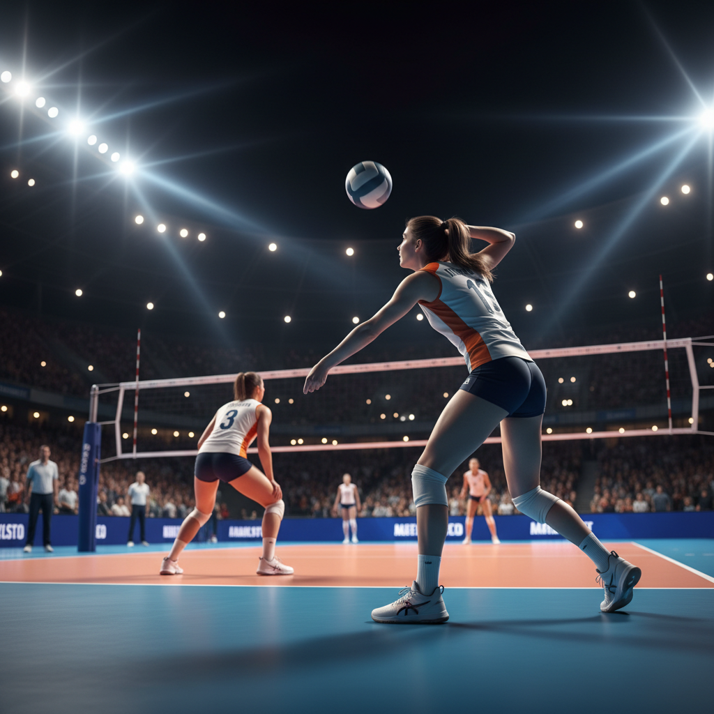 volleyball players serving the ball dynamic action low angle shot stadium lights
