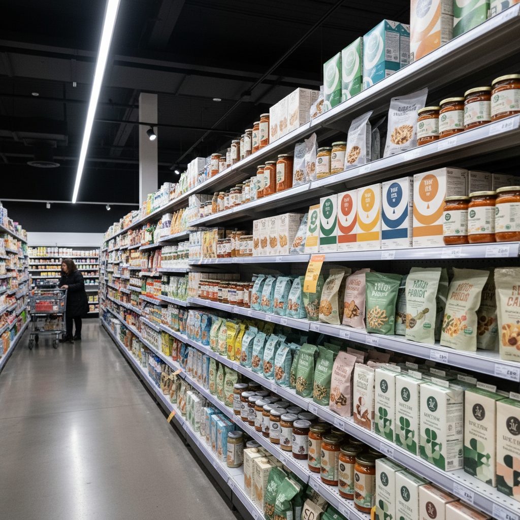 Inside a modern supermarket aisle featuring cleanly designed private label food products, bright lighting, organized shelves, retail context