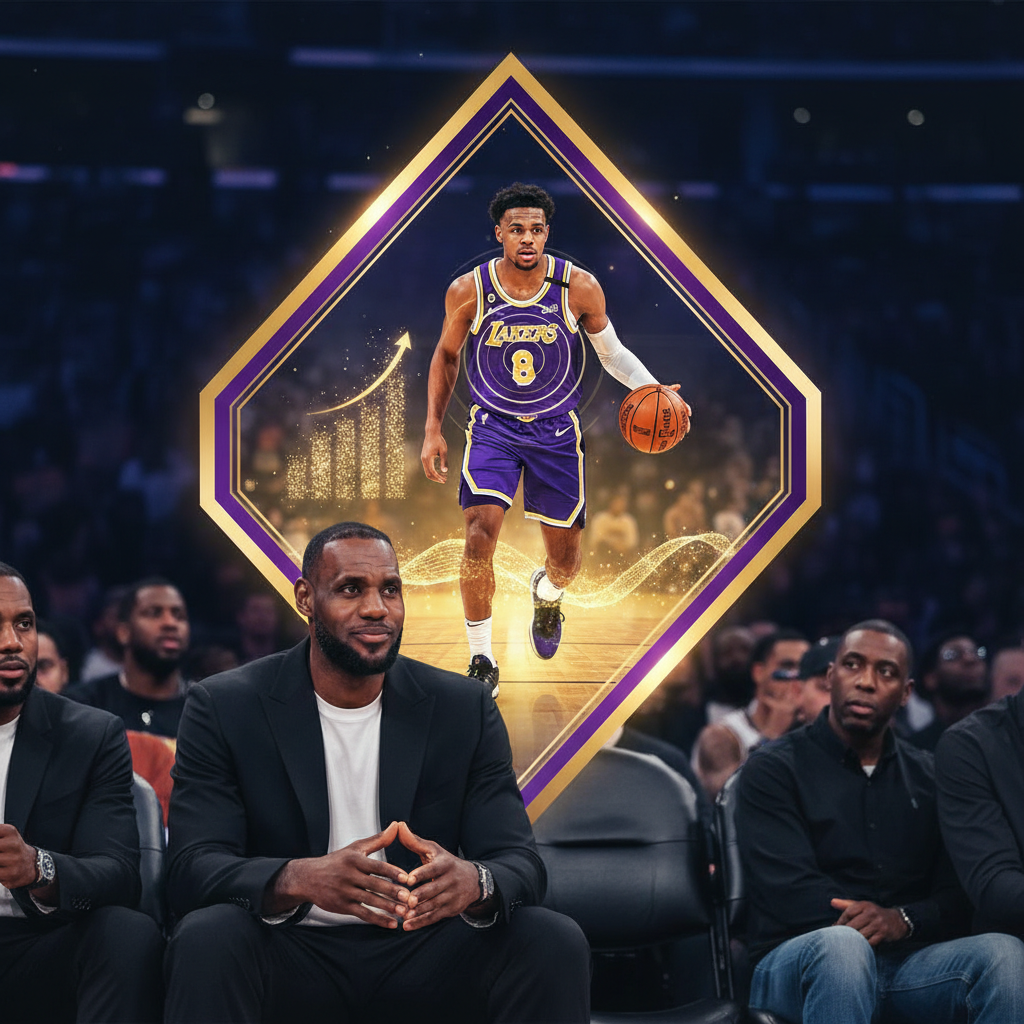 Bronny James stat graphic shown during a Lakers broadcast with LeBron James watching courtside