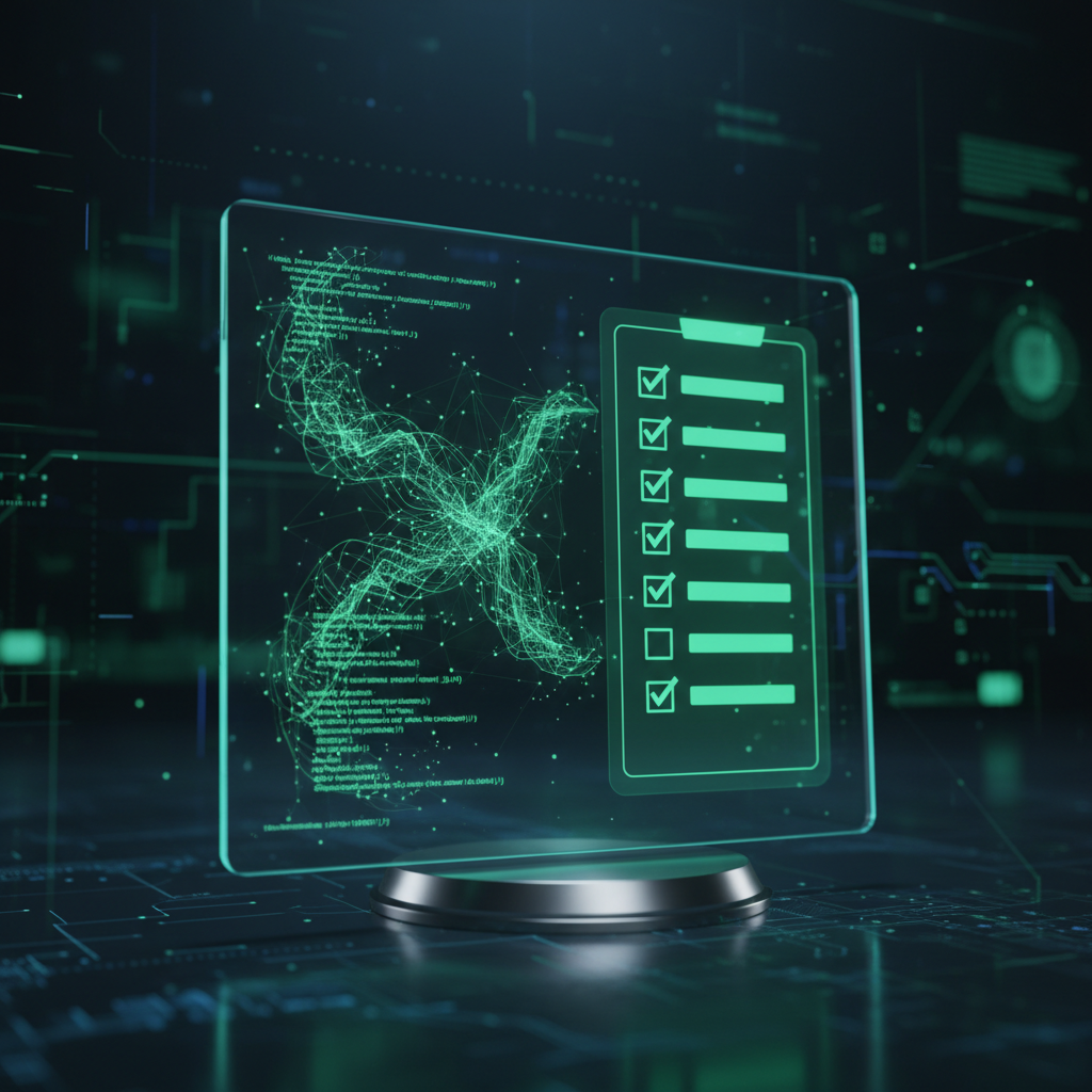 Cybersecurity concept art: Python code transforming into a standardized green checklist report on a holographic glass tablet, dark tech environment.