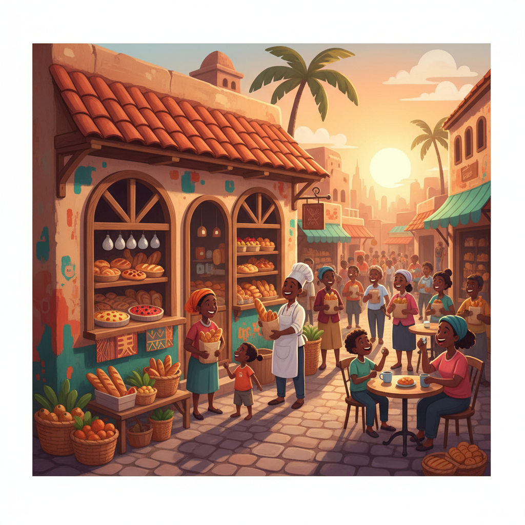 A small bustling bakery shop front in an African city, warm colors, happy customers, illustration style