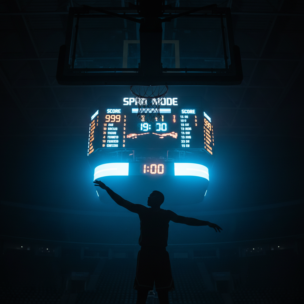 Scoreboard glowing behind basketball player silhouette, displaying high score, dark arena