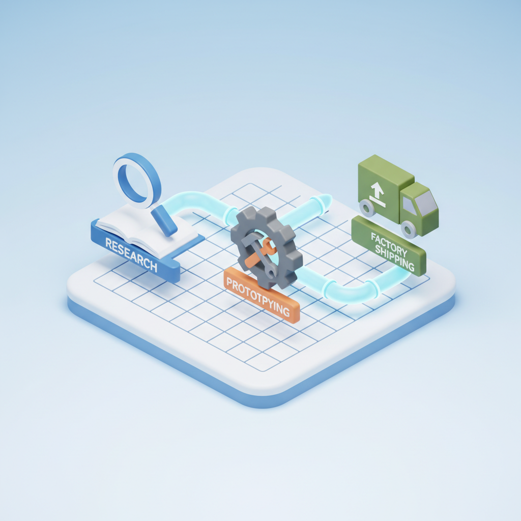 3D isometric rendering of a business process flow, connecting research, prototyping, and factory shipping icons, minimal corporate style