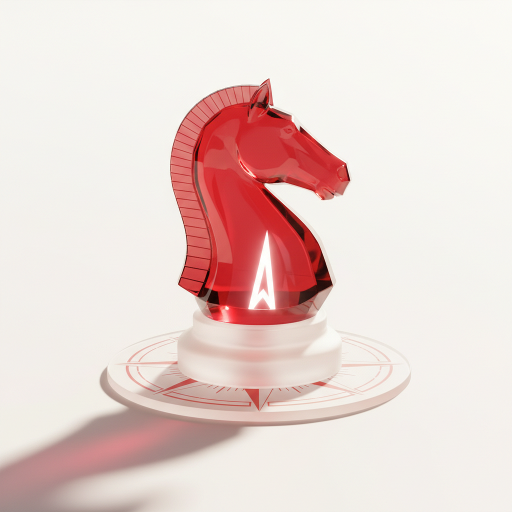 Conceptual image of a chess piece or a compass, symbolizing strategy and direction, red and white tones, clean background