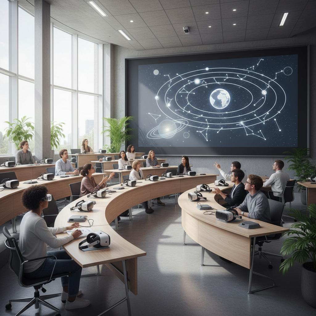 modern university classroom with VR headsets on desks, interactive hologram board, bright natural lighting, futuristic educational setting, photorealistic
