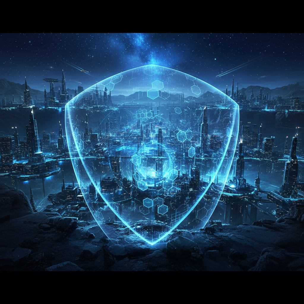 futuristic digital shield protecting a glowing network city, dark blue and cyan cyber aesthetic, cinematic lighting, 8k