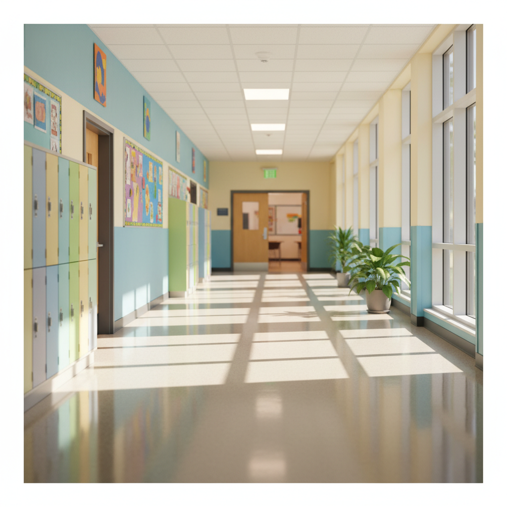 A bright, clean school hallway with sunlight streaming in, symbolizing a safe and supportive educational environment, hopeful atmosphere