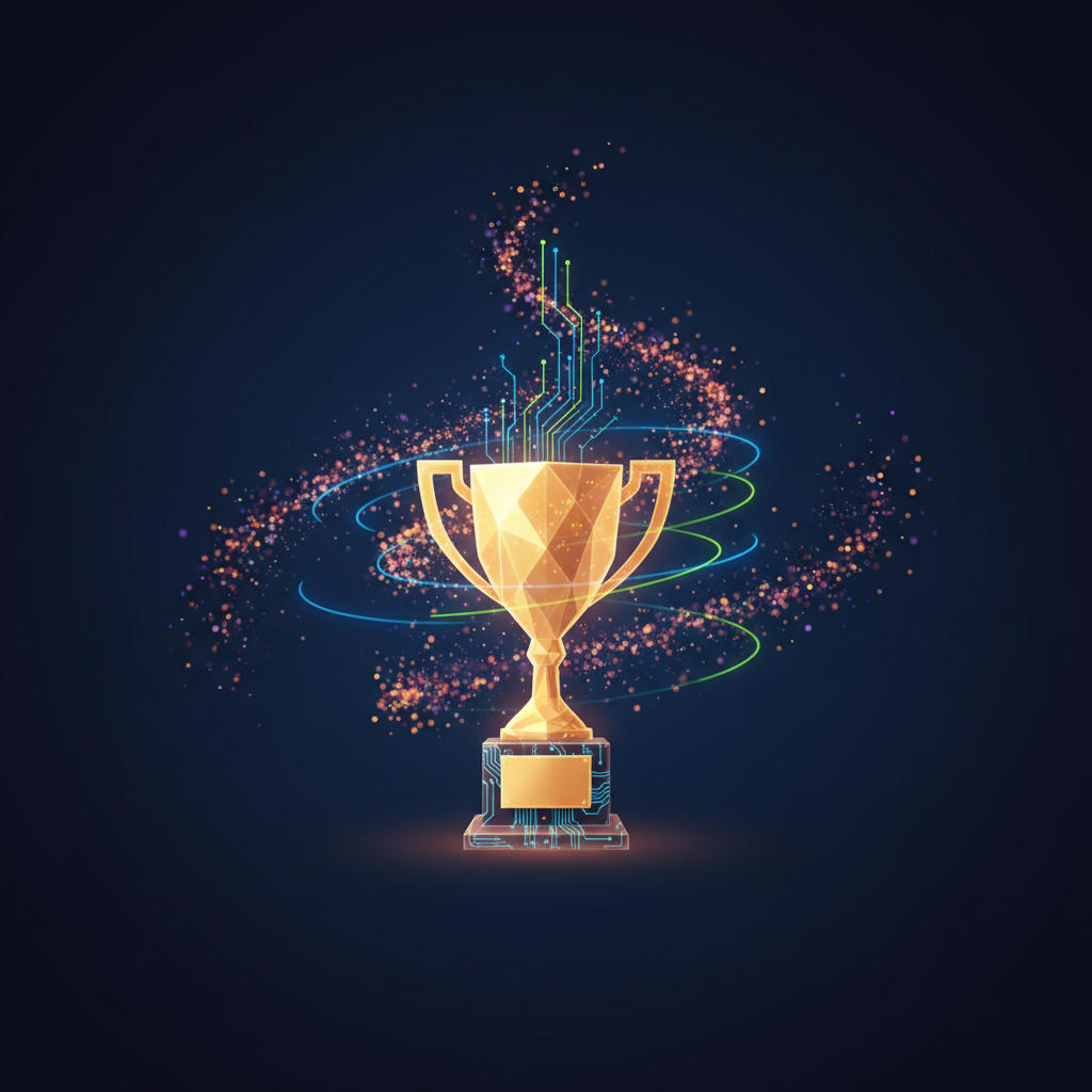 achievement unlocked digital art, trophy and code, success concept, dark blue background, glowing particles