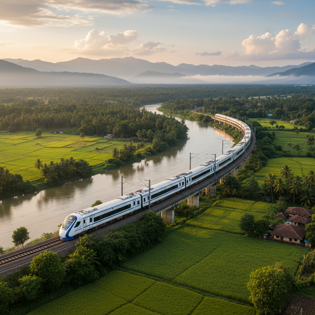 Modern Vande Bharat Express train passing through a scenic Indian landscape, realistic photography style, high quality