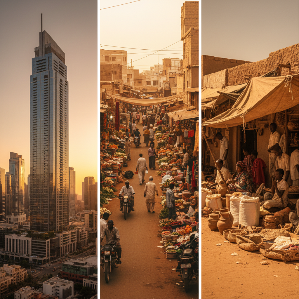 Collage of a Dubai skyscraper, a busy Indian market street, and a rural market in Mali, warm tones, photorealistic, cinematic lighting