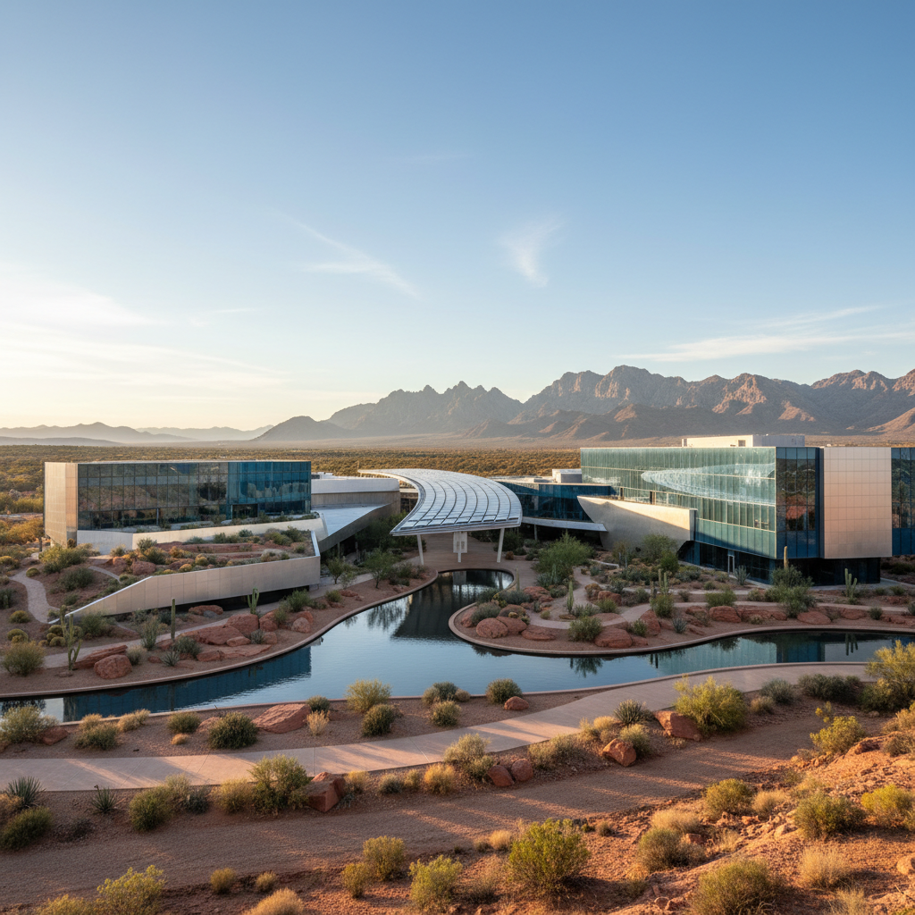 Modern architectural building of a technology park in an arid region, sunlight, glass facade, professional photography style