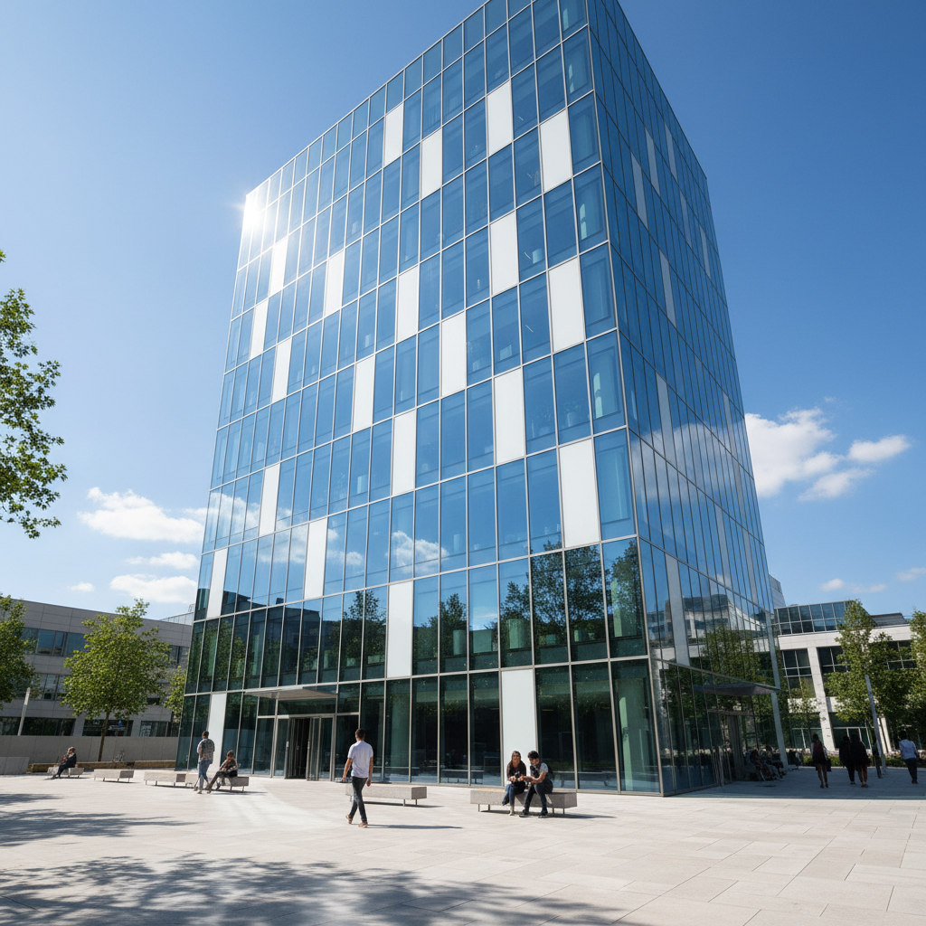 Modern glass building facade of an educational institute, bright day, architectural photography style