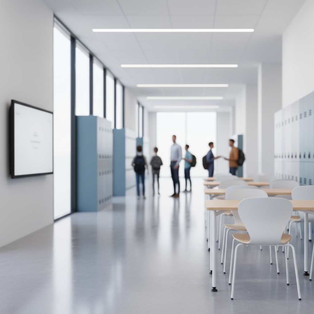A modern school hallway or classroom setting, blurred background, realistic style, bright lighting