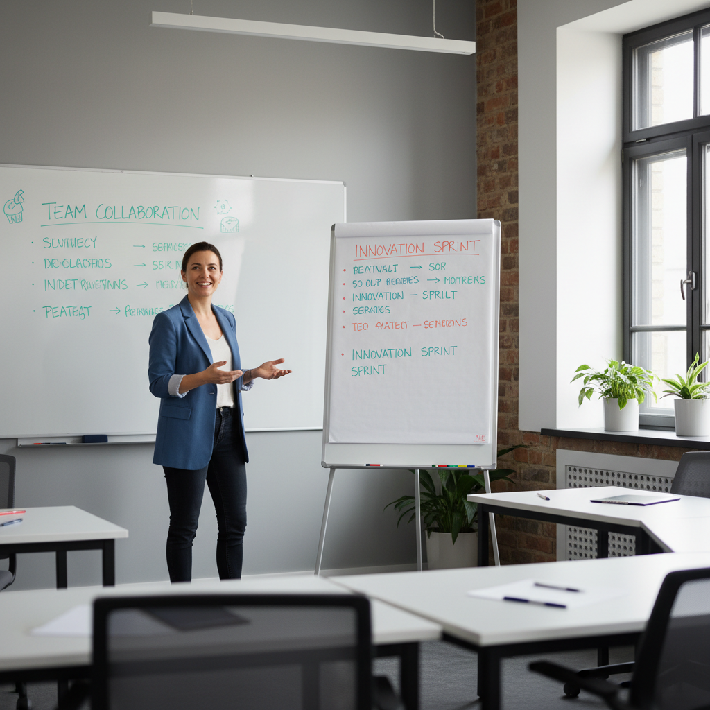 friendly workshop facilitator standing next to a whiteboard smiling at the audience, bright modern classroom