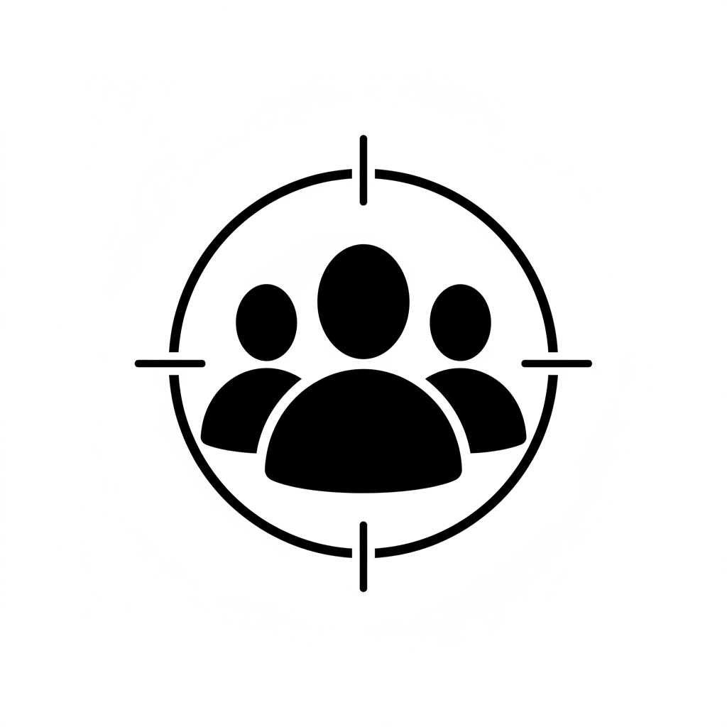 simple black icon of a group of people or target audience, vector style, white background