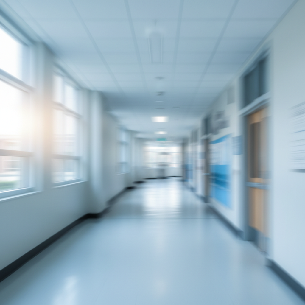 bight modern school hallway abstract blur, educational background, soft blue and white tones, high quality, 4k