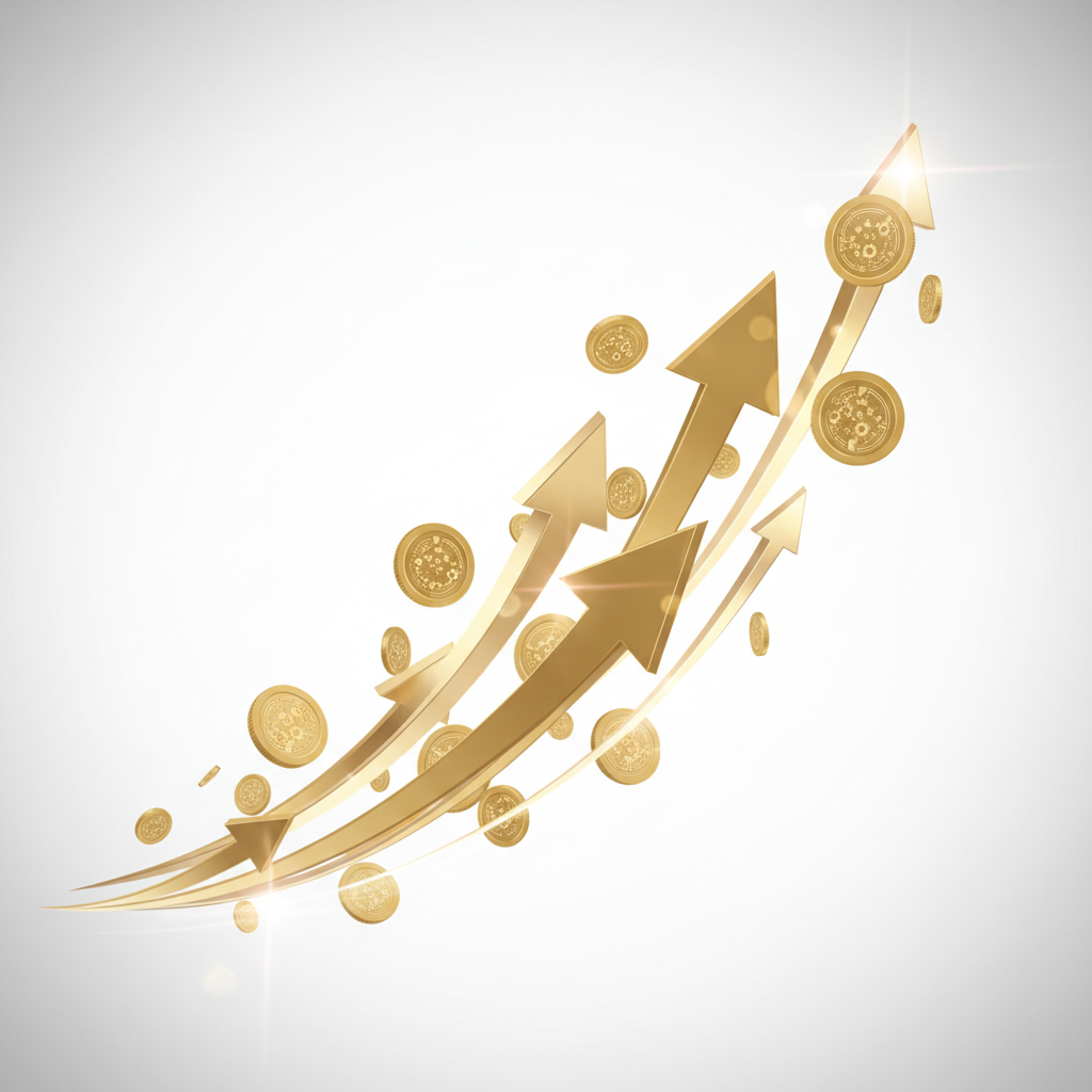 An abstract 3D render of upward trending golden arrows and coins on a clean white background, representing financial growth