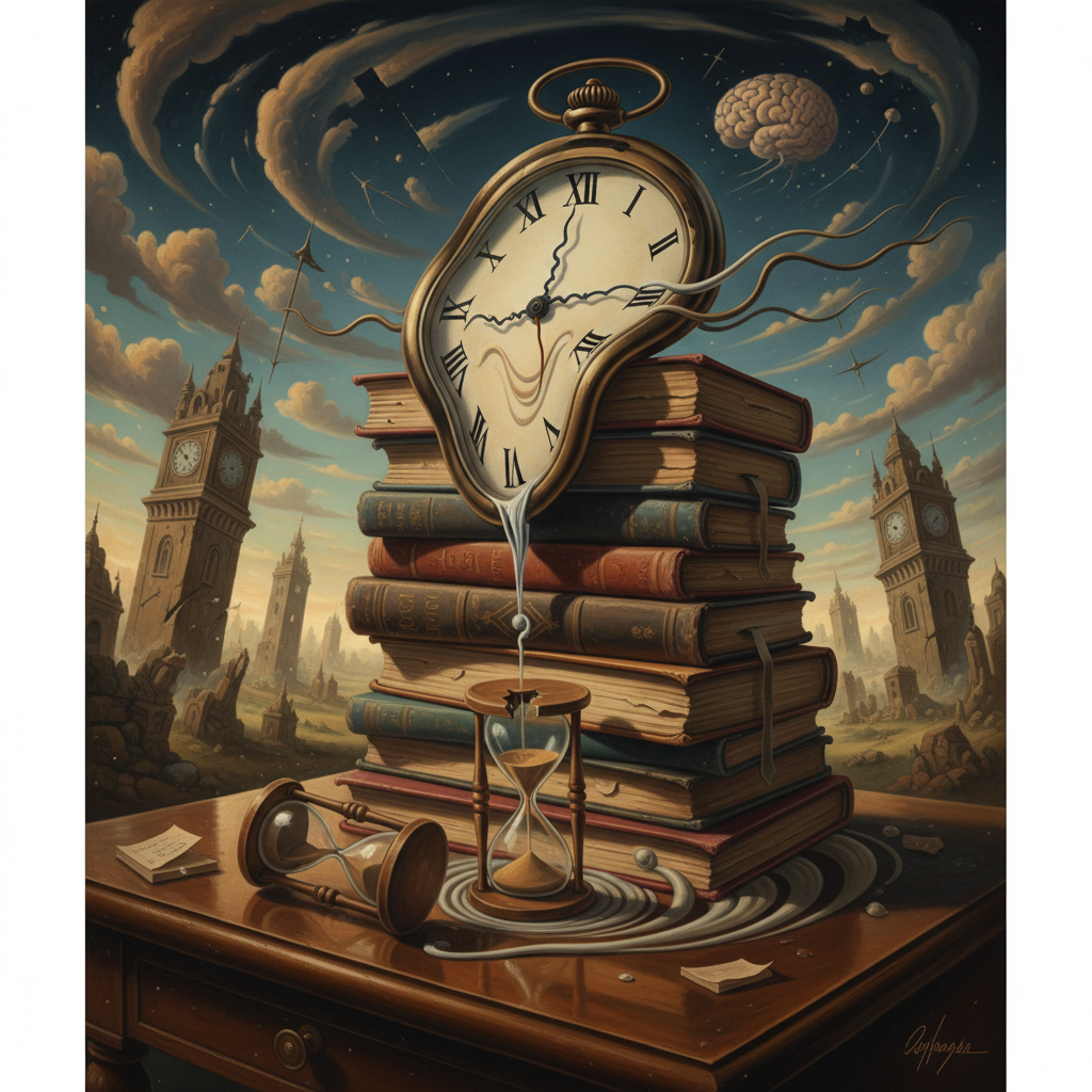 Artistic representation of a clock melting like Salvador Dali style over a stack of school textbooks, symbolizing lost time and pressure, abstract, cinematic lighting